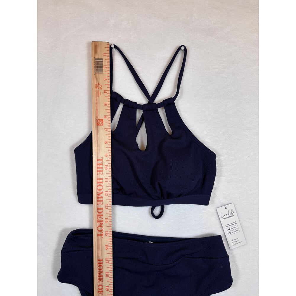 NWT Cupshe Navy Blue High Neck Bikini Set w/ Strappy Back & Keyhole Detail Sz XS - Picture 5 of 14